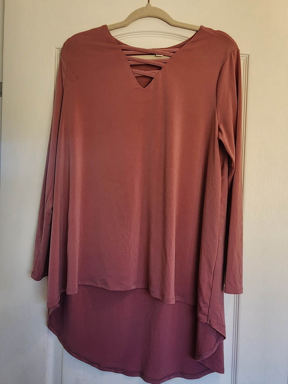 Cato Mauve Pink Long Sleeve Crisscross High-Low Blouse L Euc